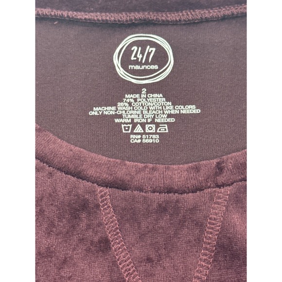 Maurices 24/7 sz 2 Velvet T-Shirt Top Women's Burgundy Cream Stripe Short Sleeve - Picture 3 of 8